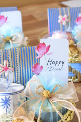 Close-up of the lotus-patterned Diwali card and blue-and-gold basket finish